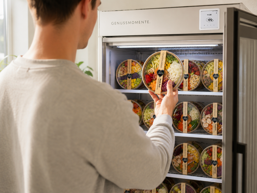 Person nimmt eine frische Bowl aus dem Bürokühlschrank