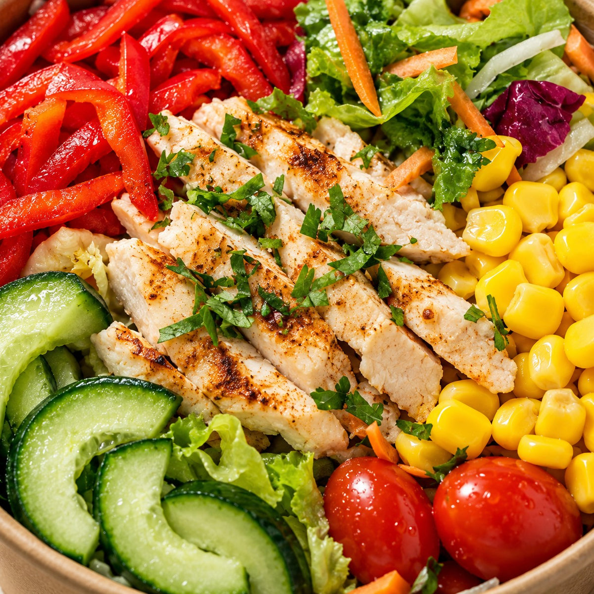 Salat to Go XL Grilled Chicken – Nahaufnahme mit gebratenen Hähnchenbrust-Streifen, Mais, Cherrytomaten, Gurke und roter Paprika