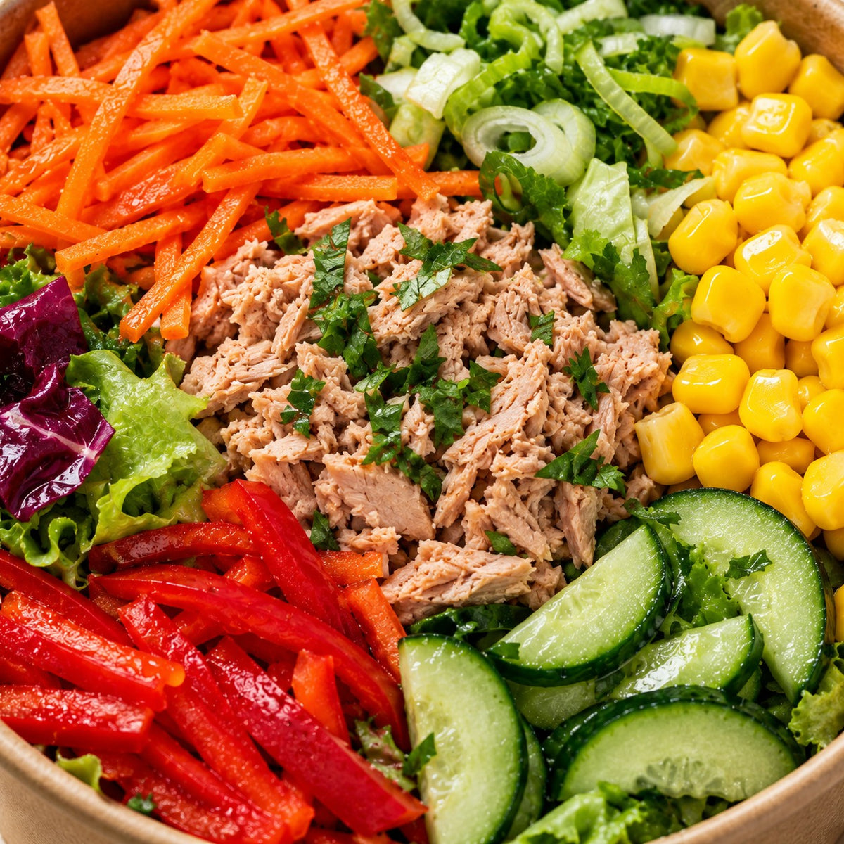 Salat to Go XL Thuna del Mar – Nahaufnahme mit Thunfisch, Möhre, Mais, Gurke und roter Paprika