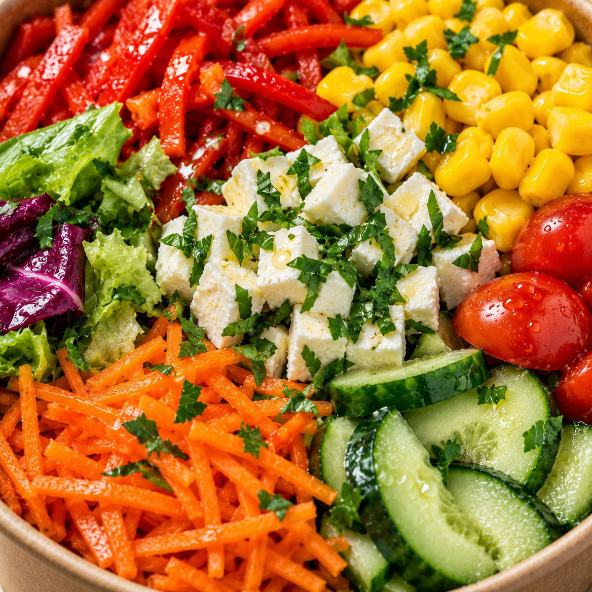 Salat to Go XL Veggie Lover – Nahaufnahme mit Hirtenkäse, Cherrytomaten, Mais, Gurke, Möhre und roter Paprika
