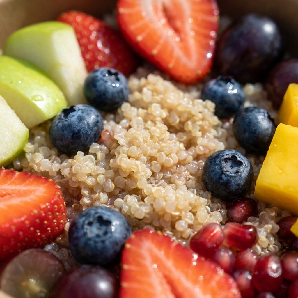 Zutaten-Nahaufnahme Breakfast Bowl Sweet Quinoa & Fruits