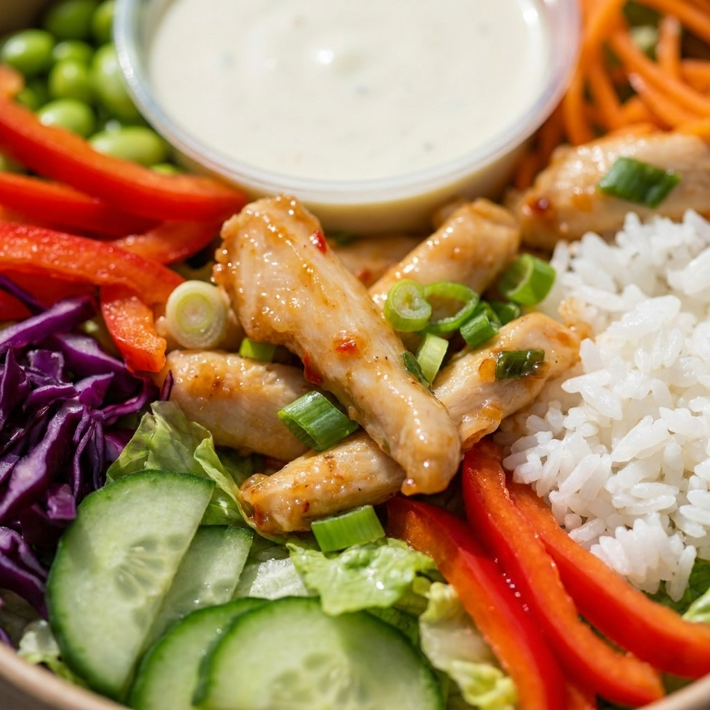 Zutaten-Nahaufnahme Sweet Chilli Chicken Poke Bowl