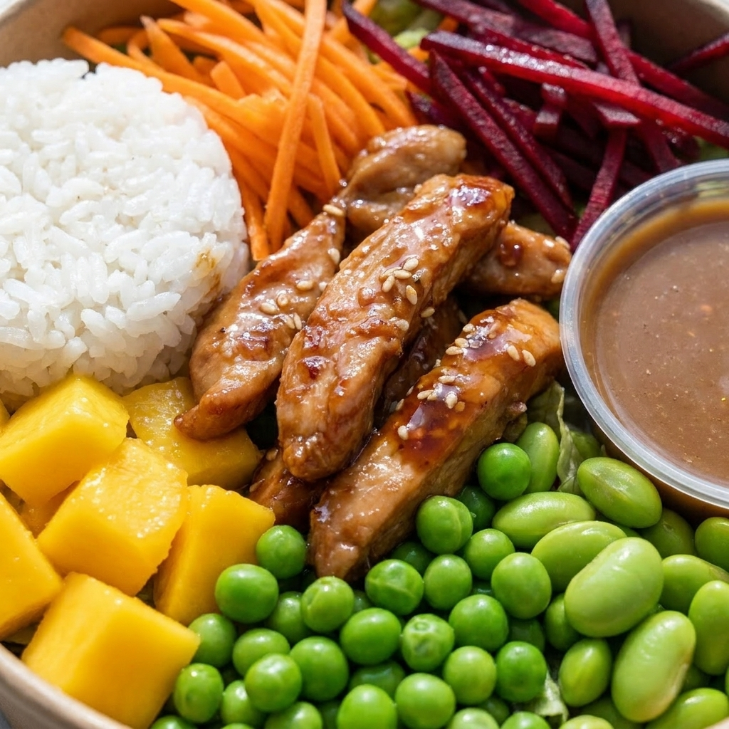 Zutaten-Nahaufnahme Teriyaki Poke Bowl